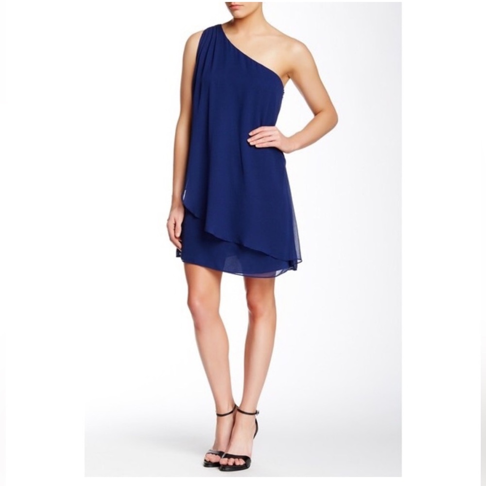 ALICE + OLIVIA NWT Silk Navy Faith One Shoulder Draped Goddess Dress Blue Large